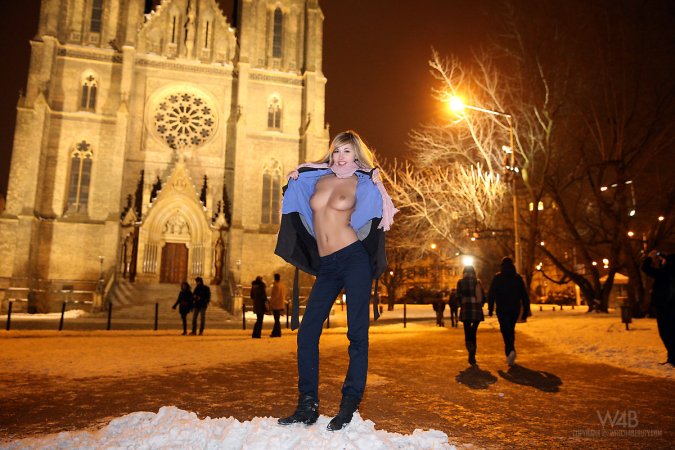 Holy – Babe teases boobs on winter walk photo 2